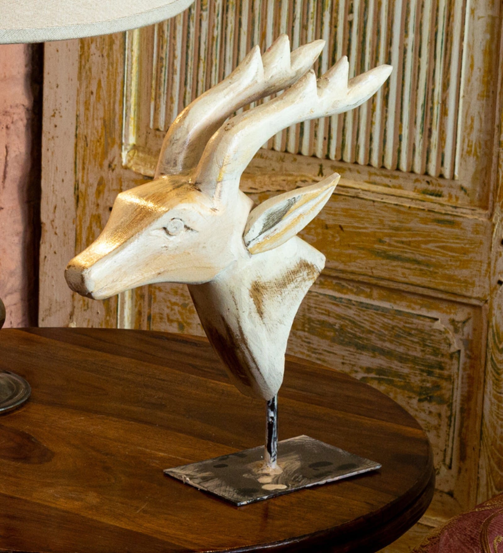 Deer Down Face White Wood Figurine