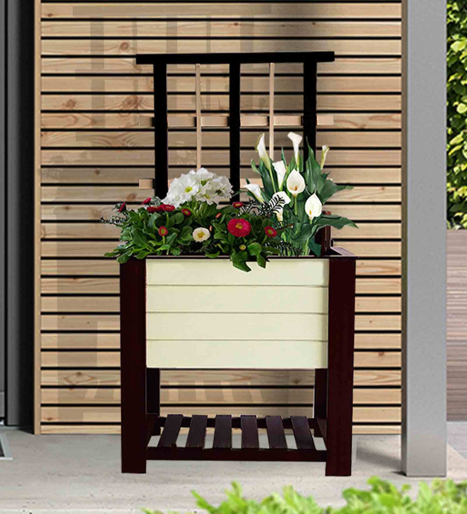 White Wood Polymer Composite Self Watering Rectangular Large Planter With Trellis