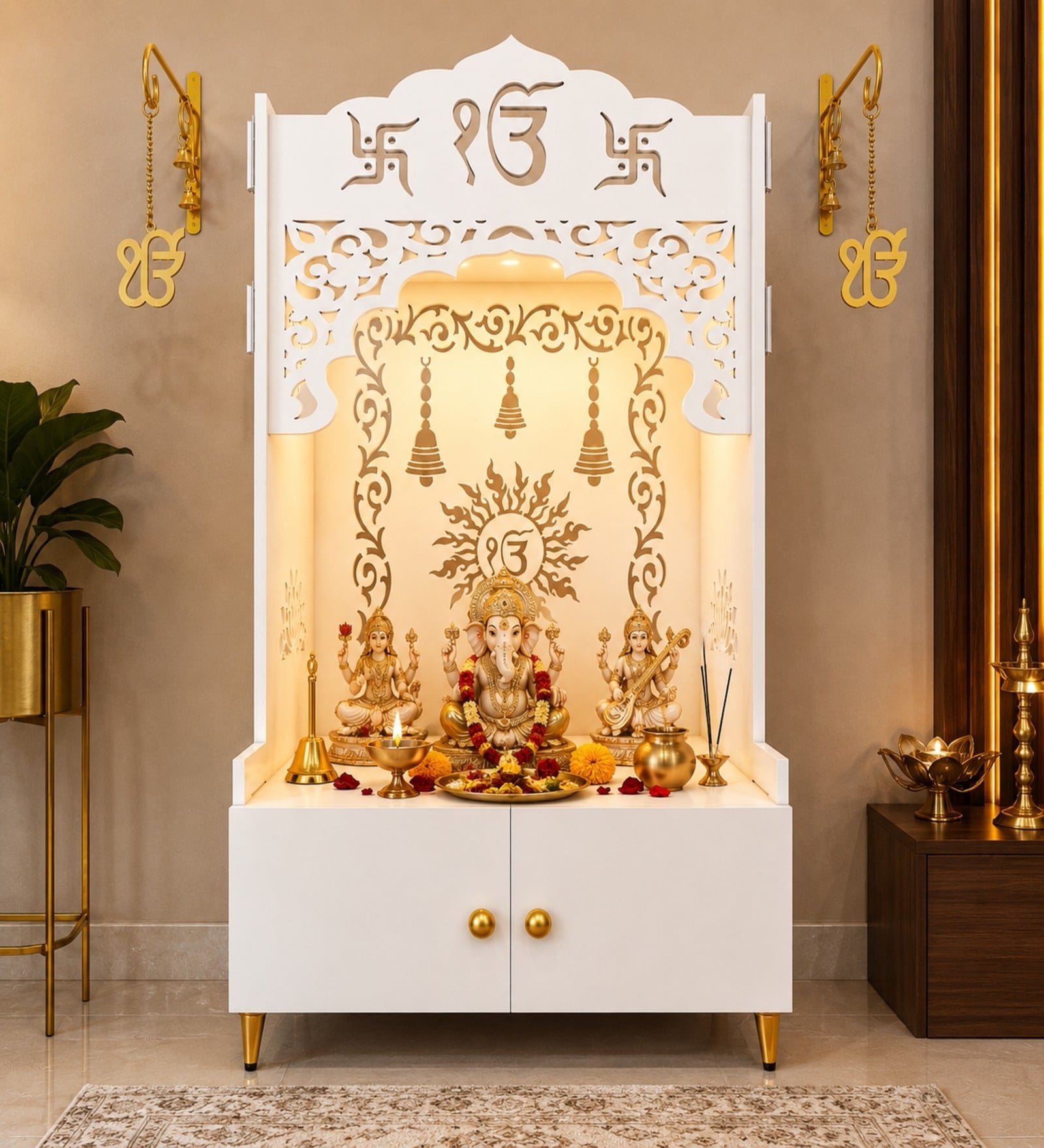 White Wooden Floor Pooja Mandir with Ik Onkar & Swastik Design Ornate Arch Laser-Cut Bell Motifs &Cabinet