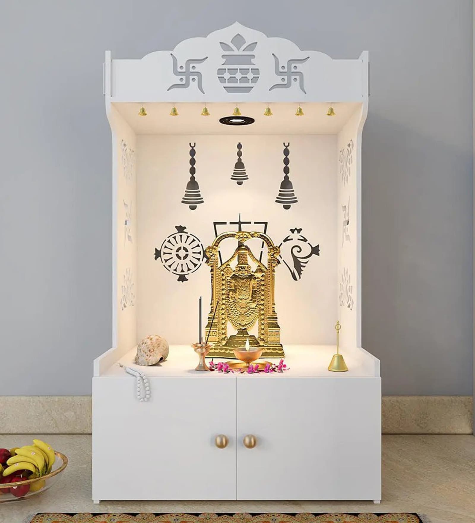 White Wooden Floor Pooja Mandir with Kalash & Swastik Design Laser-Cut Bell Shankh & Chakra Motifs & Storage Cabinet