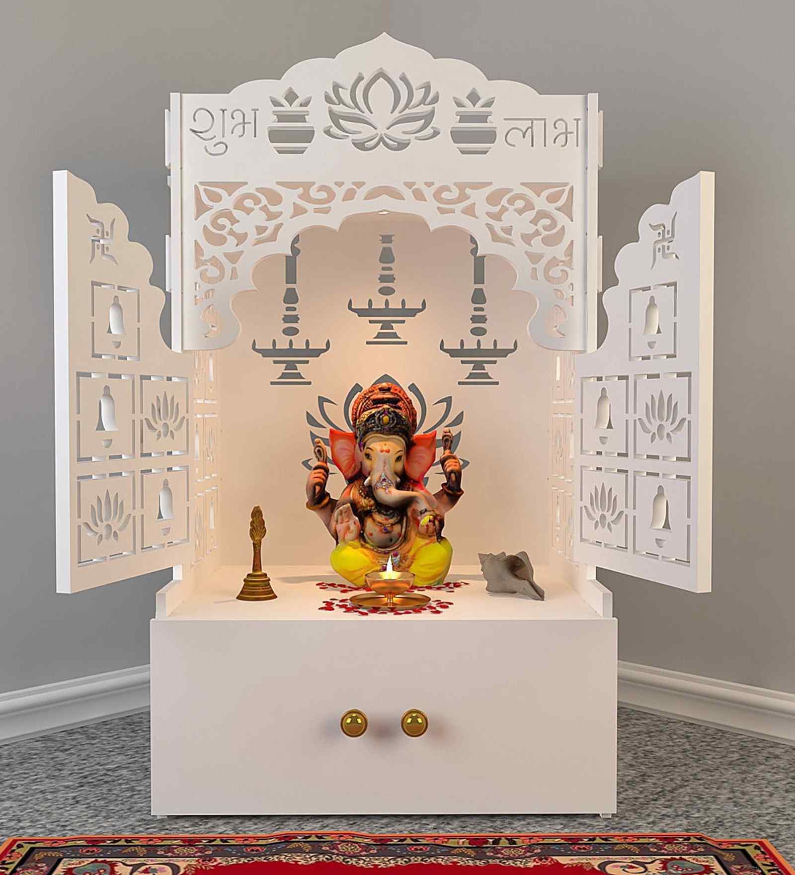 White Wooden Floor Pooja Mandir with Laser-Cut Lotus & Bell Doors Shubh Labh Design Hanging Diya Motifs & Storage Cabinet