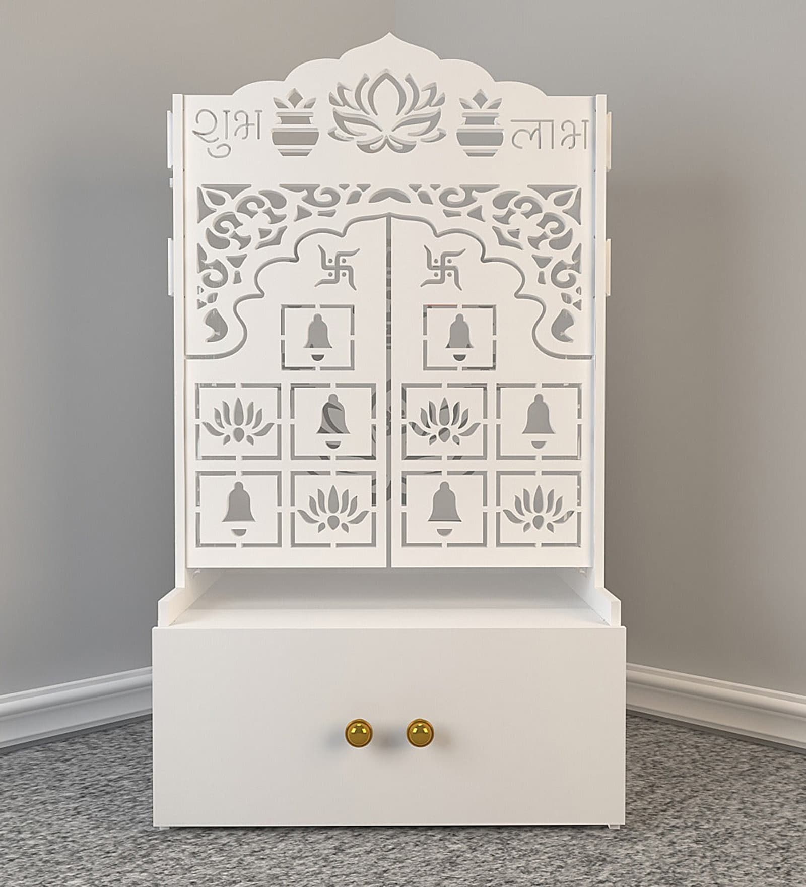 White Wooden Floor Pooja Mandir with Laser-Cut Lotus Om Design, Shubh Labh Motif, Bell Pattern Doors With Cabinet