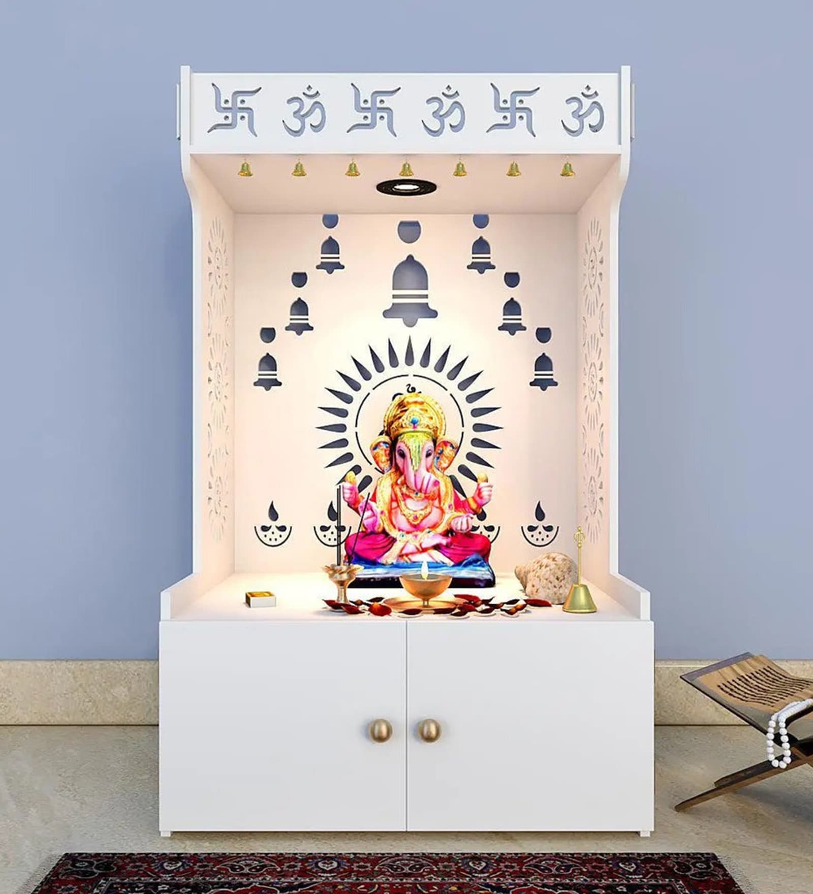 White Wooden Floor Pooja Mandir with Om & Swastik Design Ganesh Laser-Cut Back Panel Bell Motifs & Storage Cabinet