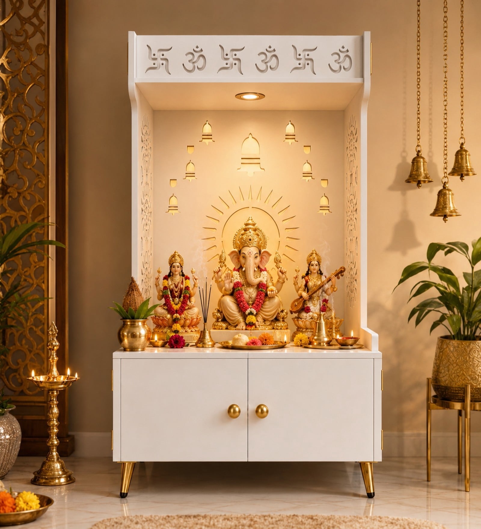 White Wooden Floor Pooja Mandir with Om & Swastik Design Ganesh Laser-Cut Back Panel Bell Motifs & Storage Cabinet