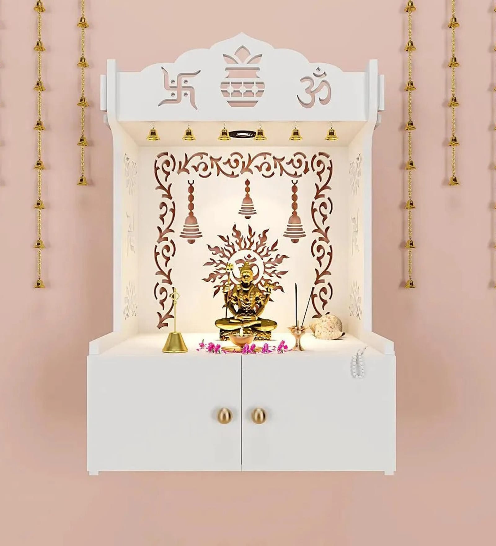 White Wooden Wall Mounted Temple with Engraved Om & Swastik Design Pooja Mandir for Home