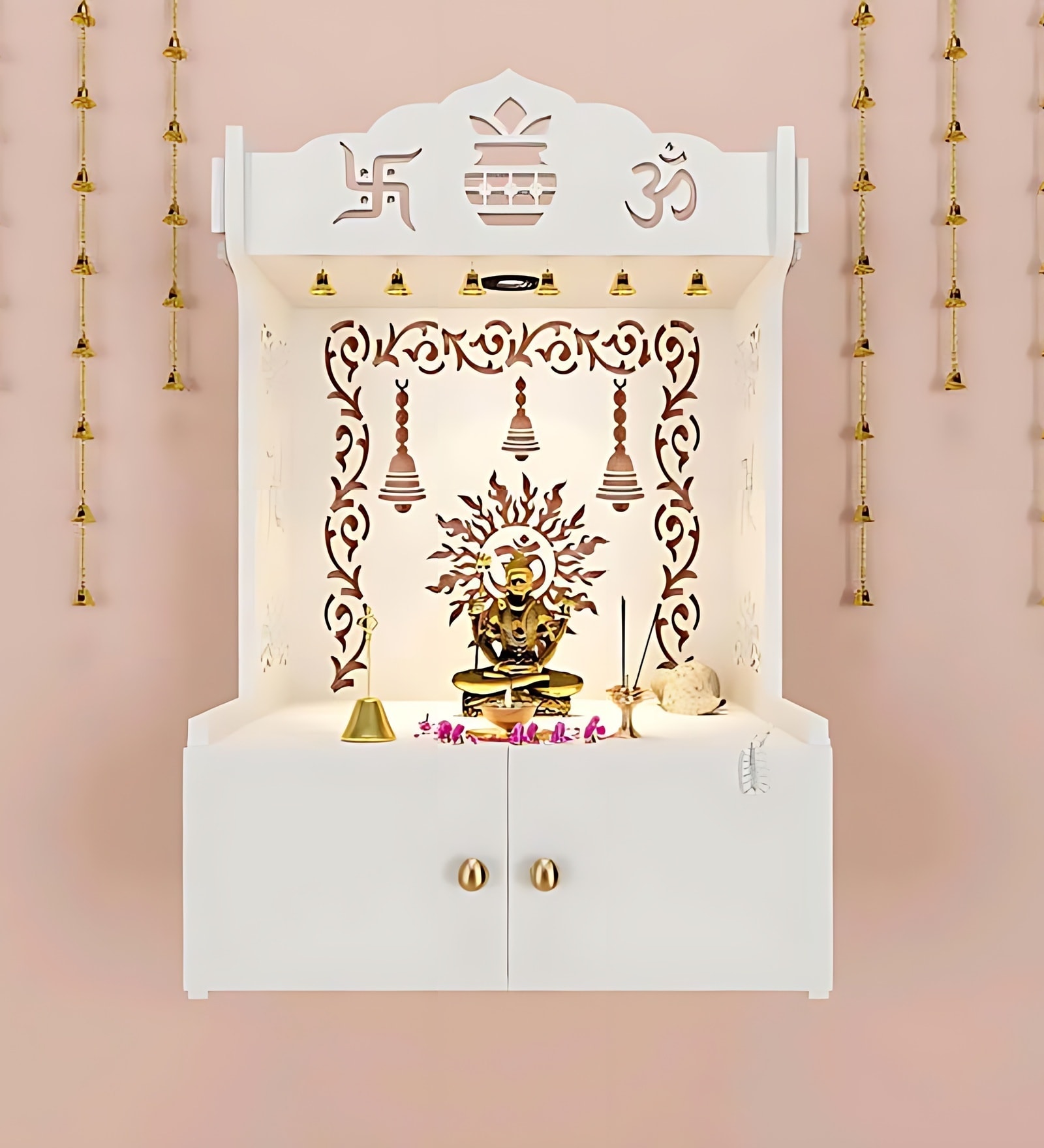 White Wooden Wall Mounted Temple with Engraved Om & Swastik Design Pooja Mandir for Home