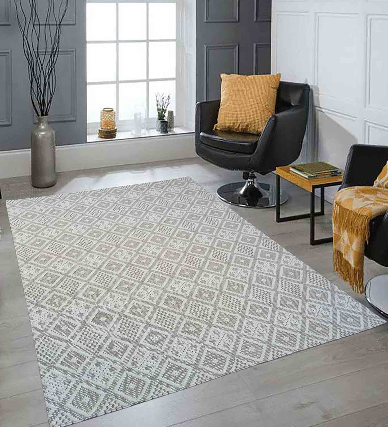 White Geometric Wool 4 ft x 6 ft Hand Woven Carpet