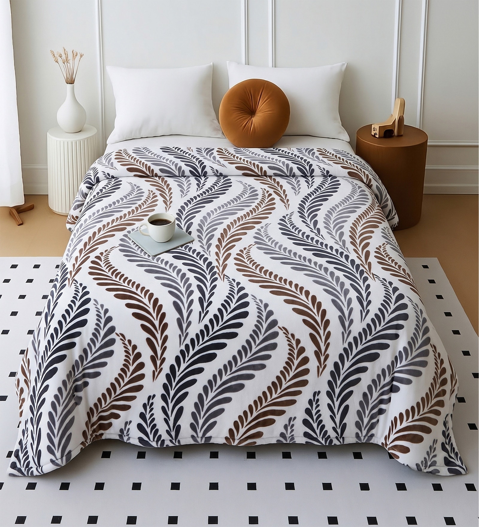 Brown Wool Floral 350 GSM Premium Double bed blanket