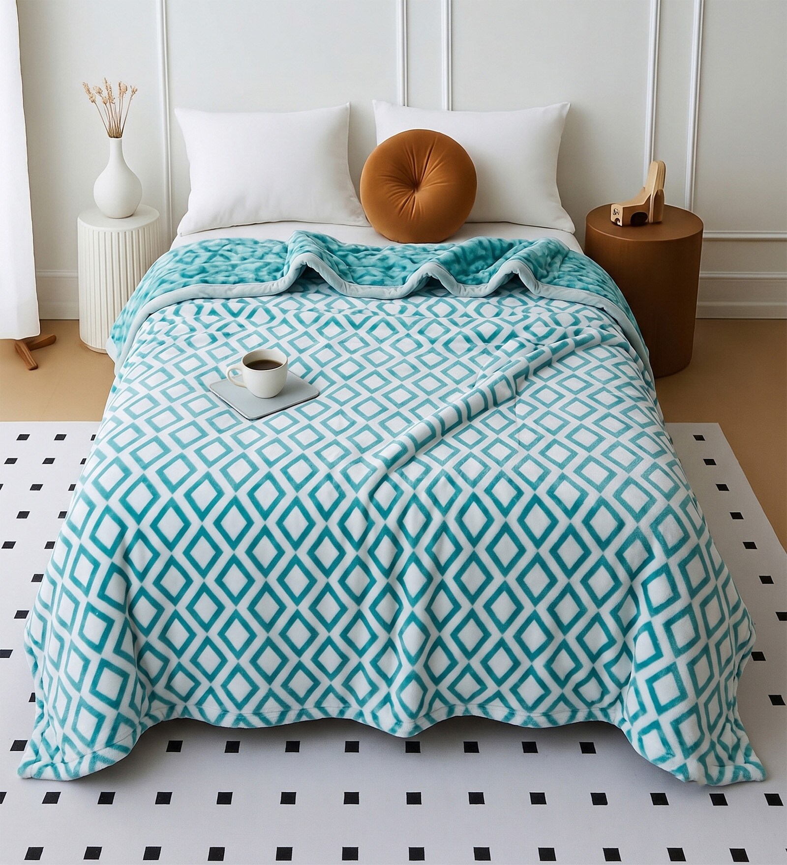 Blue Wool Geometric 350 GSM Premium Double bed blanket