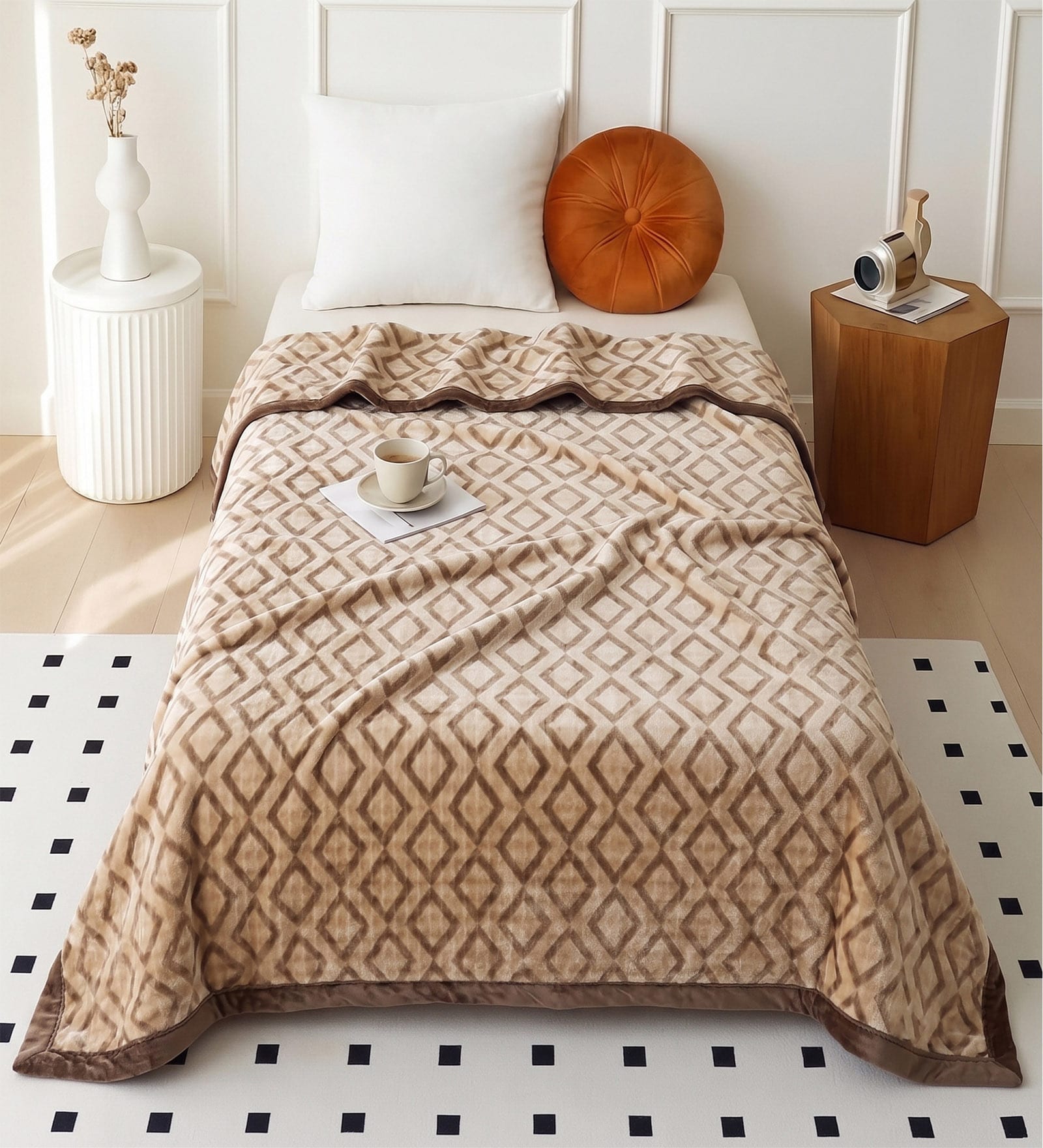 Brown Wool Geometric 350 GSM Premium Single bed blanket