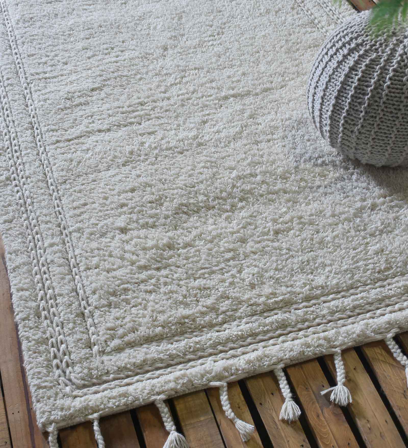 White Striped Wool 6 ft x 9 ft Hand Woven Carpet