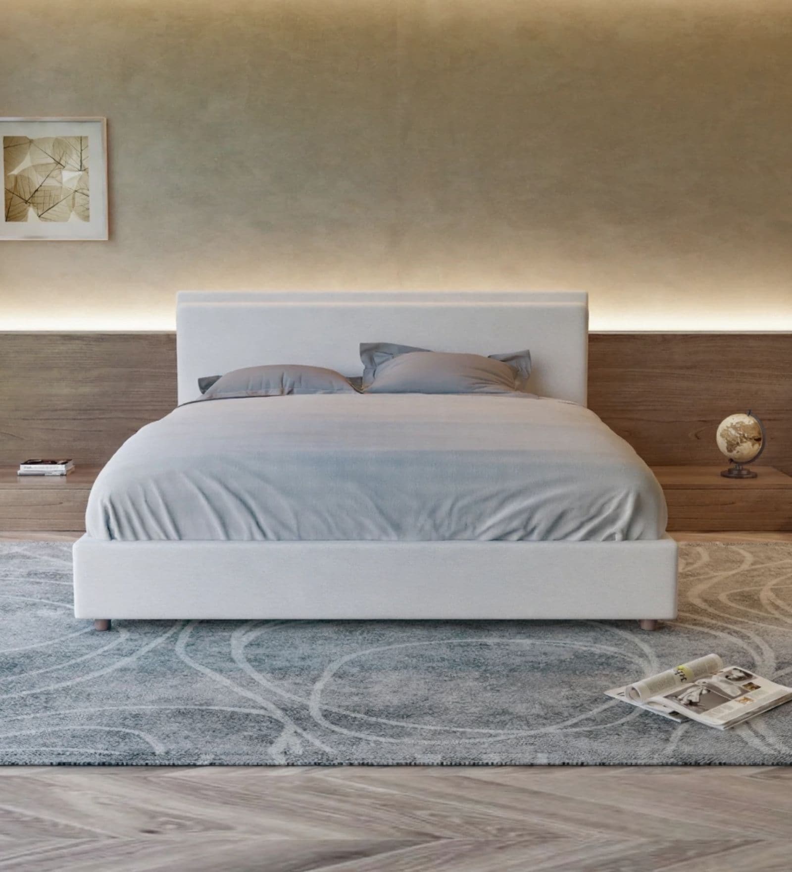 Whitelush Linen Queen Size Bed with Hydraulic Storage in White Colour