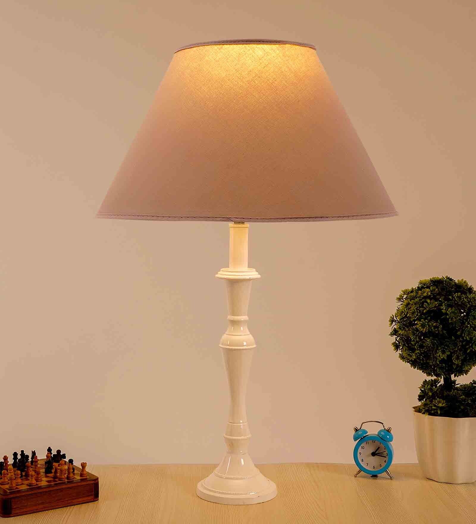 Rhombus Beige Cottan Fabric Shade Night Lamp With Metal Base