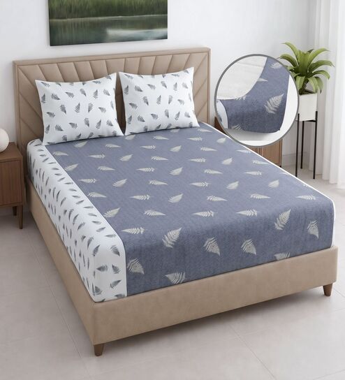 Whit & Grey Shade Floral 400 TC Cotton Queen Size Fitted Bedsheet With 2 Pillow Covers