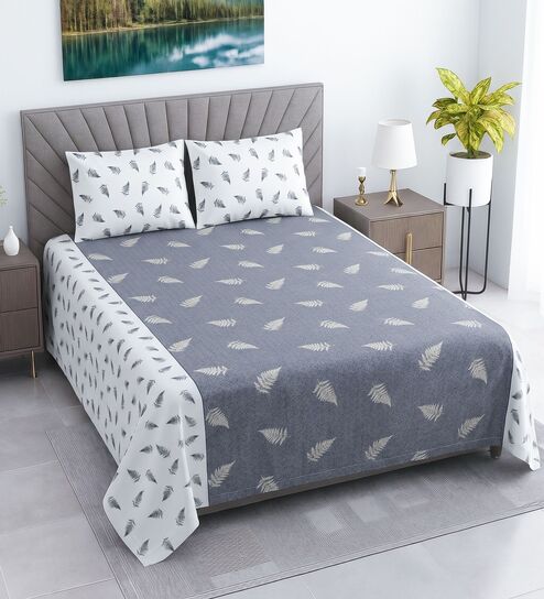 Whit & Grey Shade Floral 400 TC Cotton Queen Size Flat Bedsheet With 2 Pillow Covers