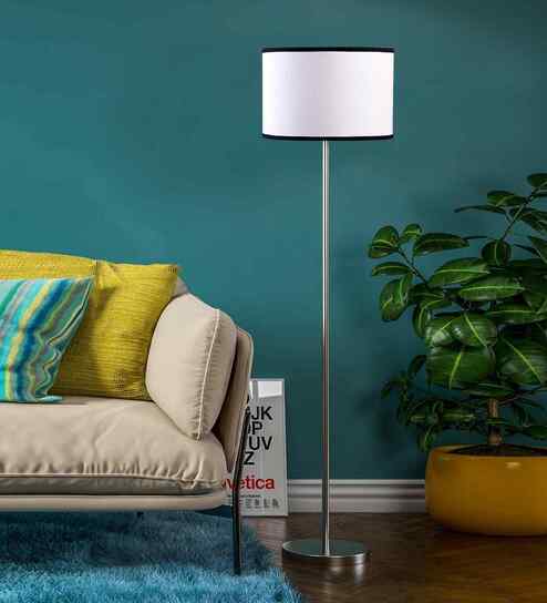 White & Cotton Drum Shade Steel Floor Lamp Steel Base