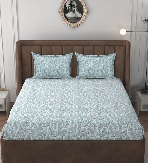 White & Aqua Glace Cotton Paisley Print Elastic Fitted King Bedsheet With 2 Pillow Covers