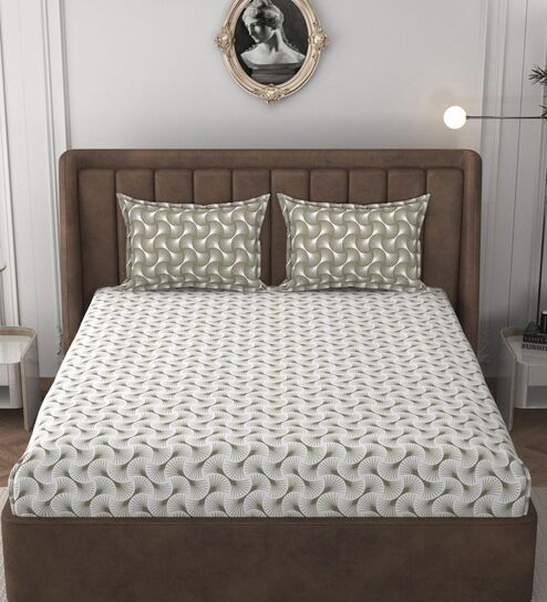 White & Beige Glace Cotton Self Design Elastic Fitted King Bedsheet With 2 Pillow Covers