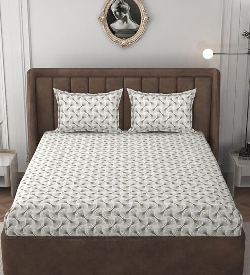 White & Beige Glace Cotton Self Design Elastic Fitted King Bedsheet With 2 Pillow Covers