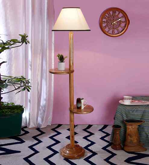 White & Black Cotton Conical Wooden Floor Lamp