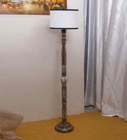 White & Black Cotton Drum Wooden Floor Lamp