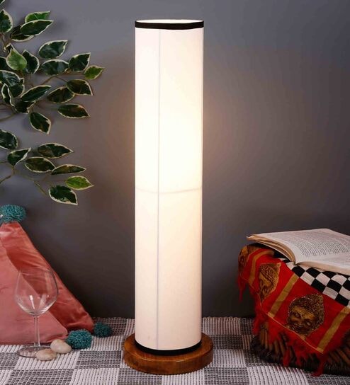White & Black Cotton Shade Column Floor Lamp With Wood Base By New Era