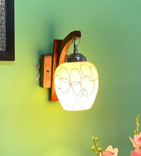 White & Black E27 holder Wood & Glass Uplight Wall Scone