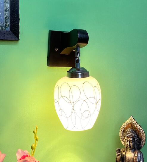 White & Black E27 holder Wood & Glass Uplight Wall Scone