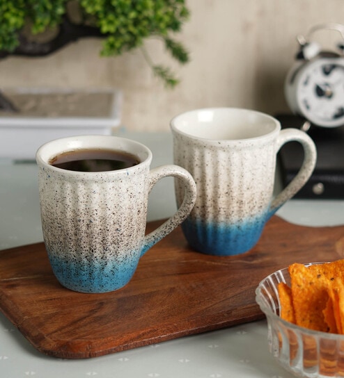White & Blue Dotted Ceramic Karela Shaped (Set of 2) Coffee Mugs