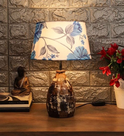 White & Blue Fabric Shade Table Lamp with White and Brown Base by Foziq