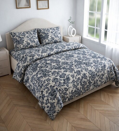 White & Blue Floral 400 TC Cotton 4 Pieces Bedding Set Luxury Collection by Threads