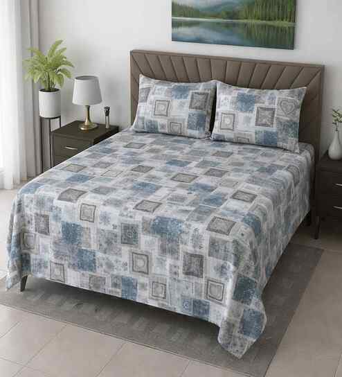 White & Blue Floral 400 Tc Cotton Queen Size Bedsheet With 2 Pillow Covers