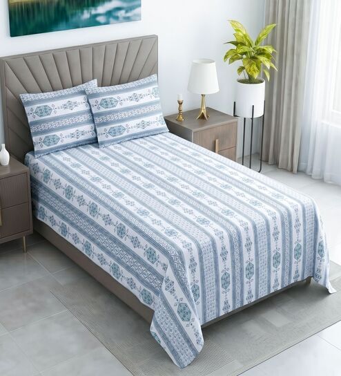 White & Blue Floral 400 TC Cotton Single Bed Size Flat Bedsheet With 2 Pillow Covers