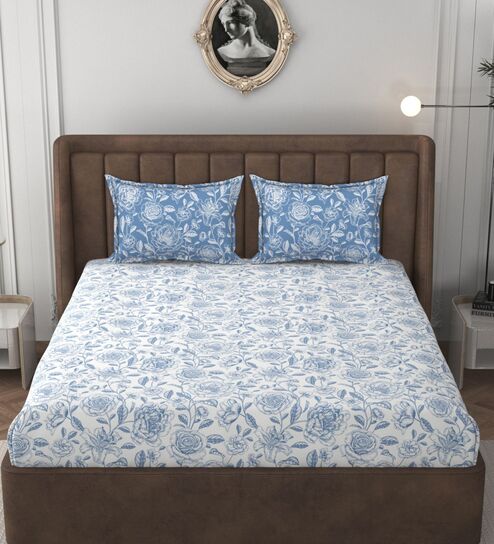 White & Blue Glace Cotton Floral Print Elastic Fitted King Bedsheet With 2 Pillow Covers