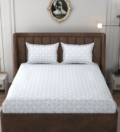 White & Blue Glace Cotton Self Design Elastic Fitted King Bedsheet With 2 Pillow Covers