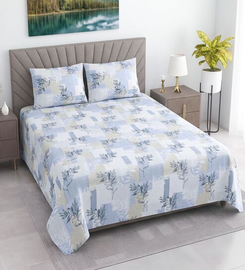 White & Blue Shade Floral 400 TC Cotton Queen Size Flat Bedsheet With 2 Pillow Covers