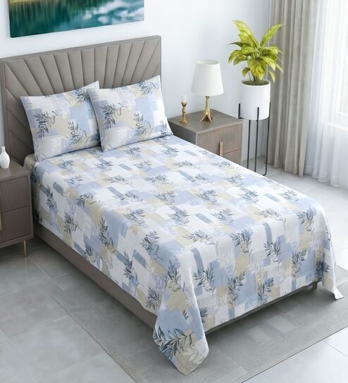 White & Blue Shade Floral 400 TC Cotton Single Bed Size Flat Bedsheet With 2 Pillow Covers
