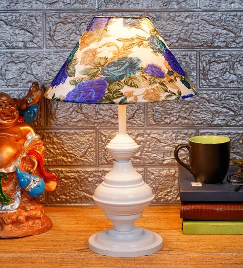 White & Blue Shade Table Lamp With Metal Base By Foziq