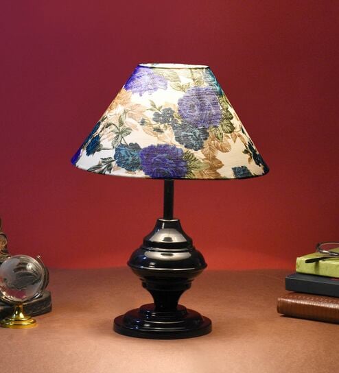 White & Blue Shade Table Lamp With Metal Base By Foziq