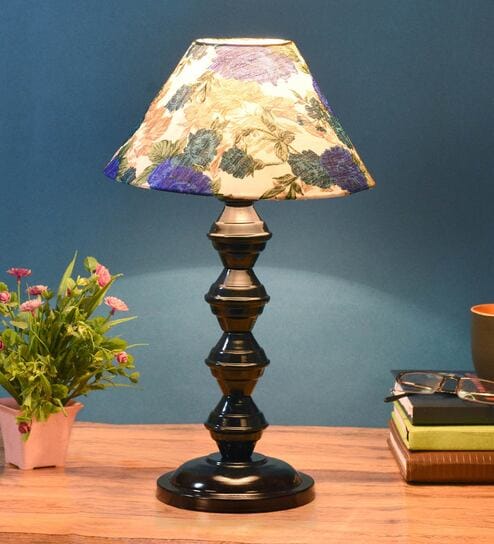 White & Blue Shade Table Lamp With Metal Base By Foziq