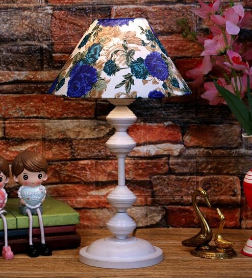 White & Blue Shade Table Lamp With Metal Base By Foziq