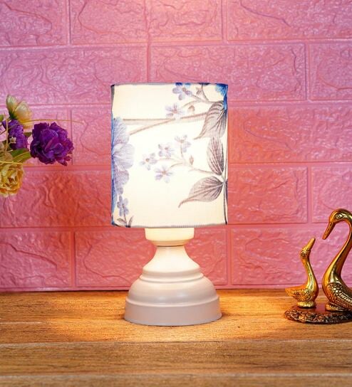 White & Blue Shade Table Lamp With Metal Base By Foziq