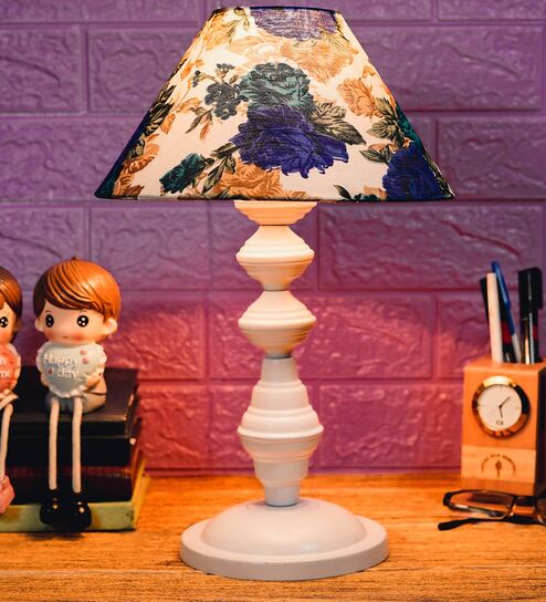 White & Blue Shade Table Lamp With Metal Base By Foziq