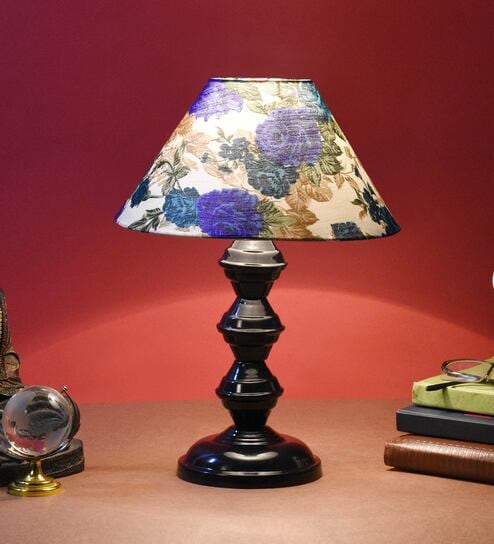 White & Blue Shade Table Lamp With Metal Base By Foziq