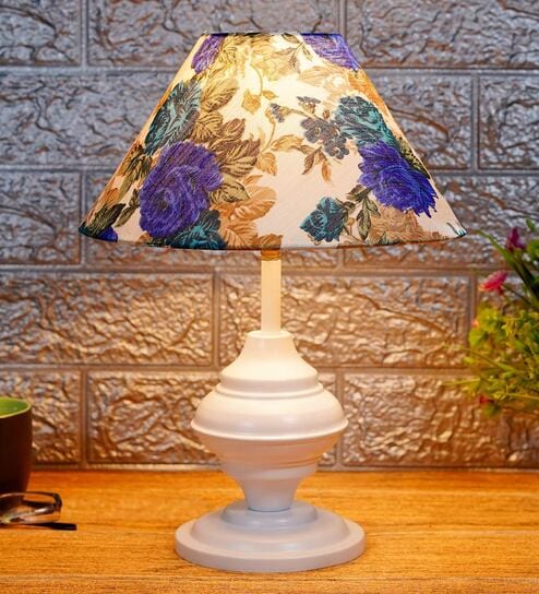White & Blue Shade Table Lamp With Metal Base By Foziq