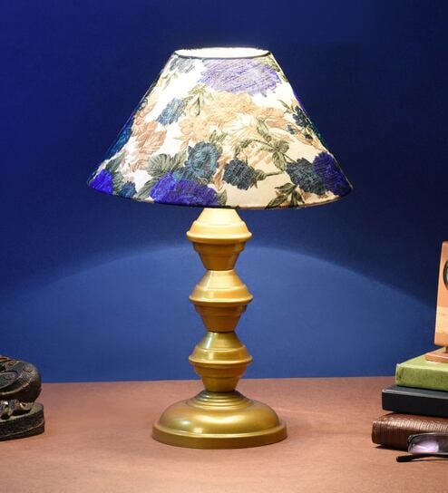 White & Blue Shade Table Lamp With Metal Base By Foziq
