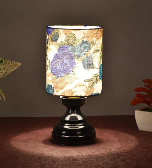 White & Blue Shade Table Lamp With Metal Base By Foziq