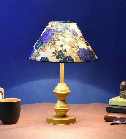 White & Blue Shade Table Lamp With Metal Base By Foziq