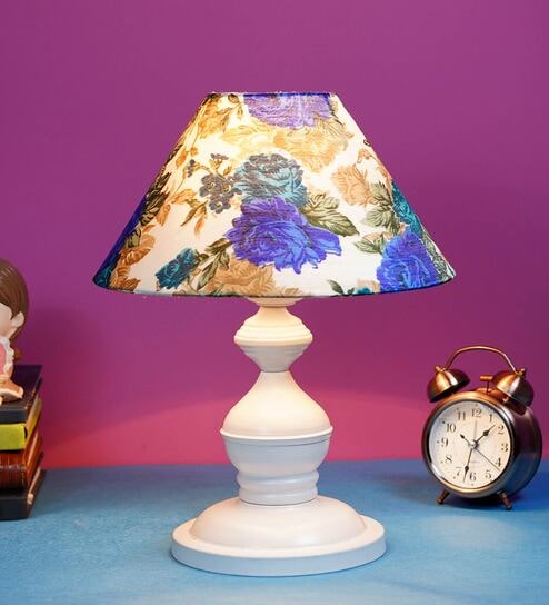 White & Blue Shade Table Lamp With Metal Base By Foziq