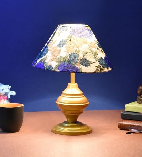 White & Blue Shade Table Lamp With Metal Base By Foziq